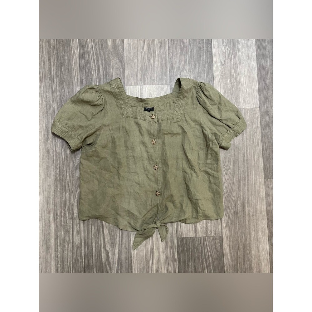 Talbots Petite XL Olive Green 100% Linen Puff Sleeve Tie Front Button Blouse Top